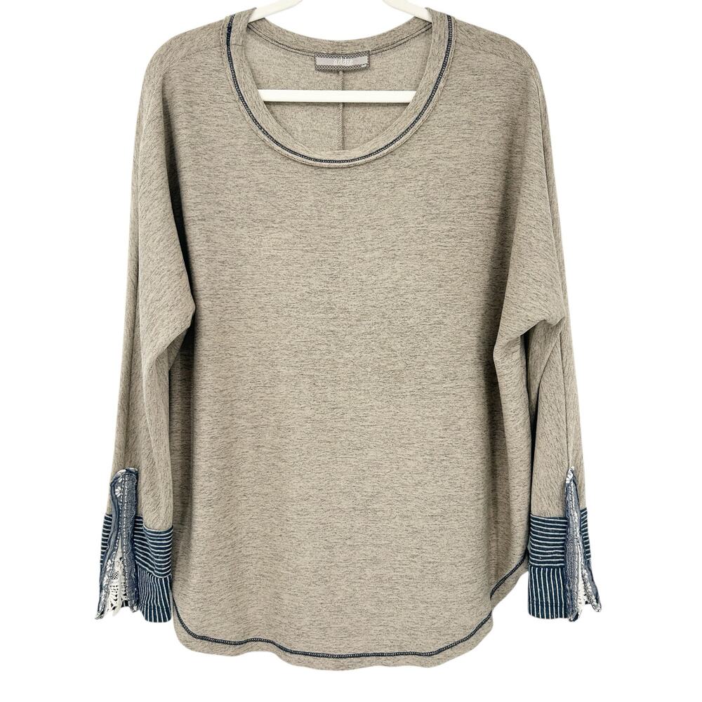 Addie Womens Fall Lagenlook Oversized Striped Lace Crochet Cuff‎ Top Size S Tan